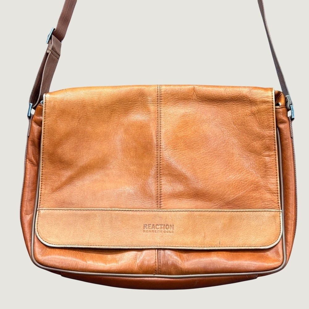 Kenneth Cole Reaction Messenger Bag Mens OS Brown Leather Crossbody Satchel Work